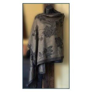 Floral Fringe Shawl/Scarf | One Size | Greenish Gray/Black